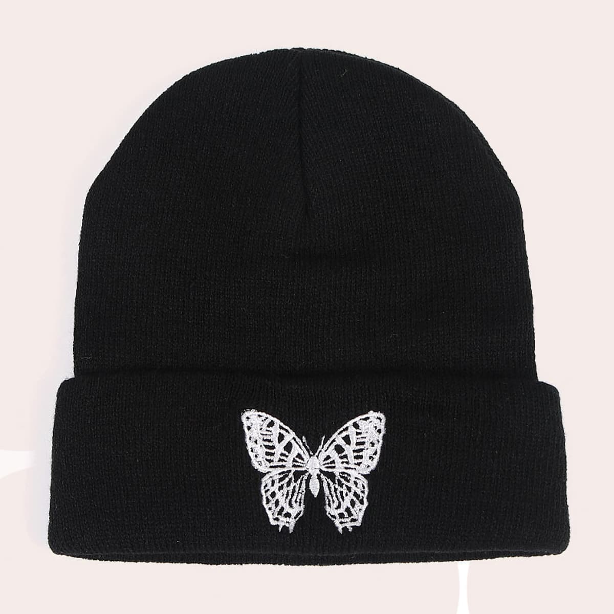 

Butterfly Embroidery Knit Hat, Black