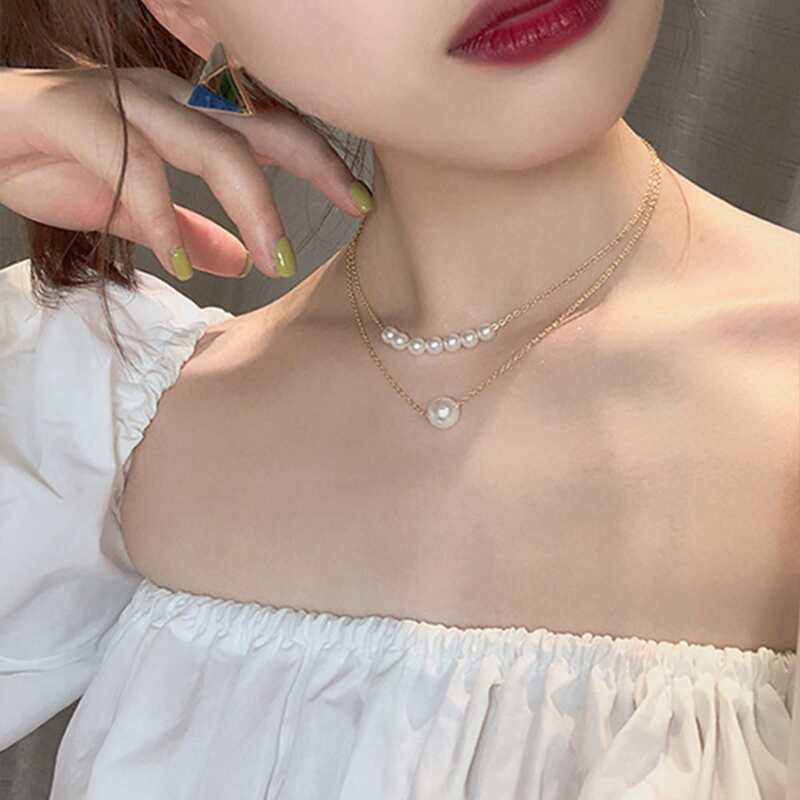 

Faux Pearl Decor layered Chain Necklace, Gold