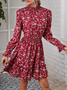 SHEIN Vestido con estampado floral con fruncido cuello de volante de manga con volante bajo con fruncido - Burdeos - Ver 5