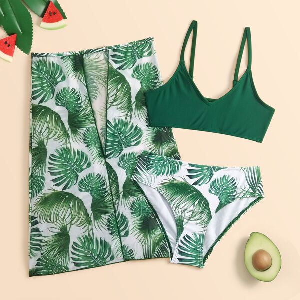 

3pack Girls Tropical Print Bikini Swimsuit & Beach Skirt, Green
