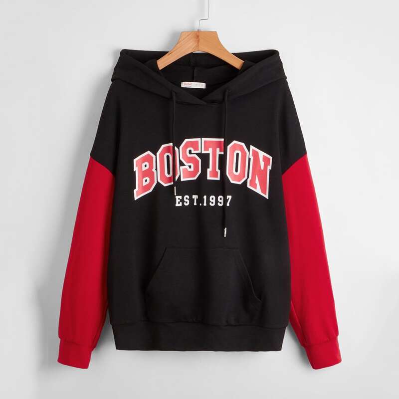 

Colorblock Letter Drawstring Hoodie, Multicolor