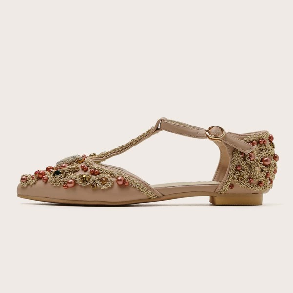 

Rhinestone Decor Point Toe Flats, Apricot