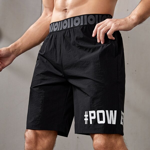 

Men Letter Tape Sports Shorts, Black