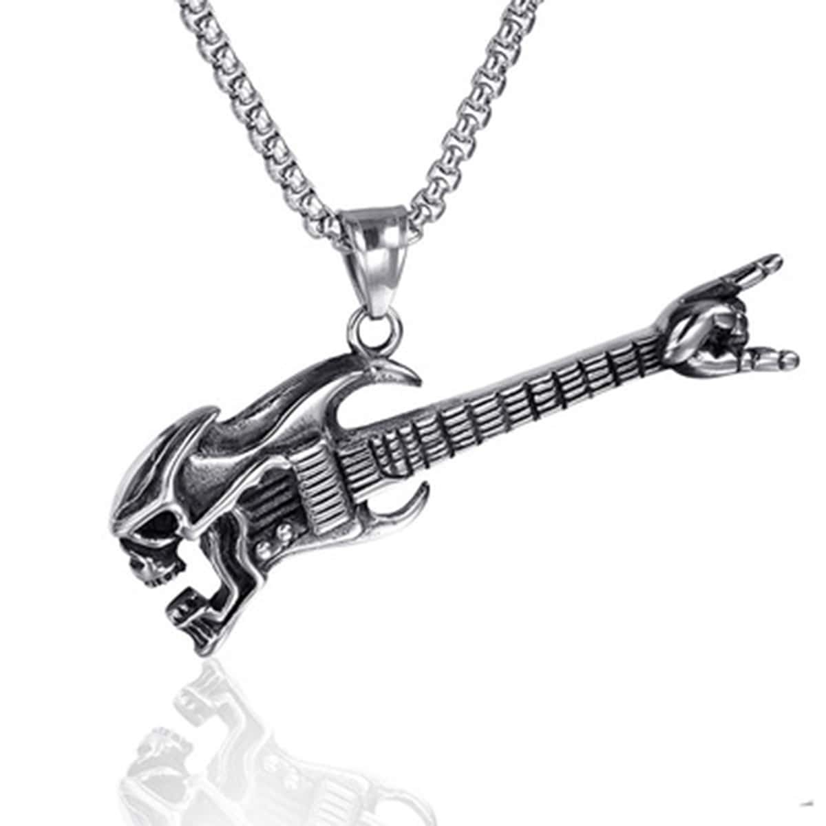 

Guys Guitar Pendant Chain Necklace, Antique silver