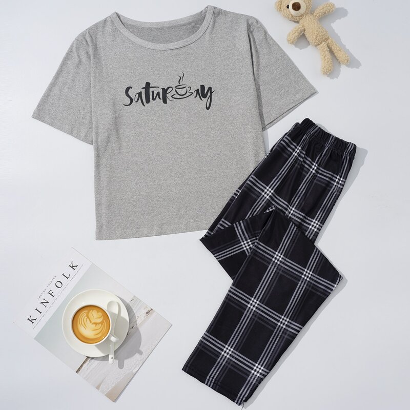 

Letter And Plaid Print Pajama Set, Multicolor