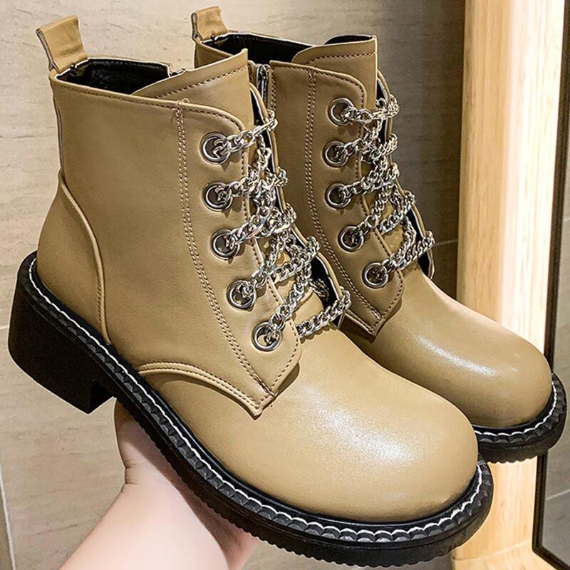 Chain Lace-up Front Combat Boots, Apricot
