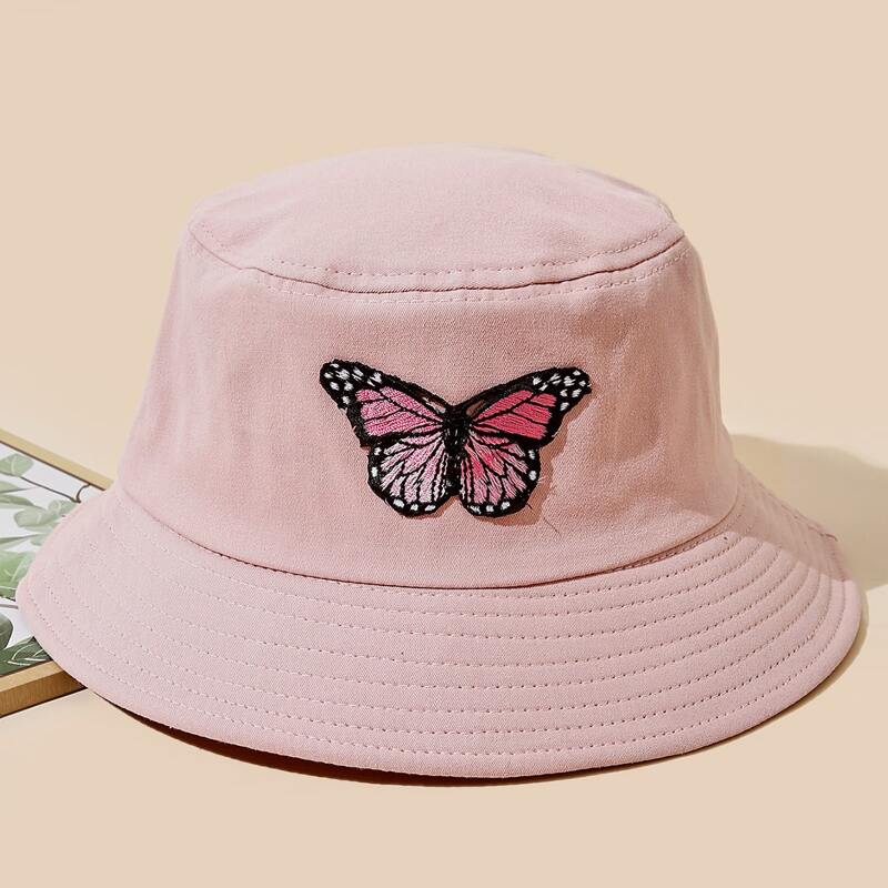 

Butterfly Embroidery Bucket Hat, Baby pink