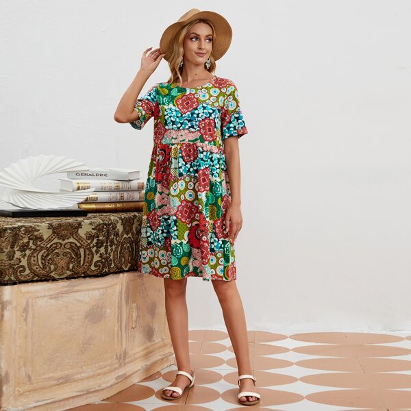 

Paisley & Graphic Print Smock Dress, Multicolor