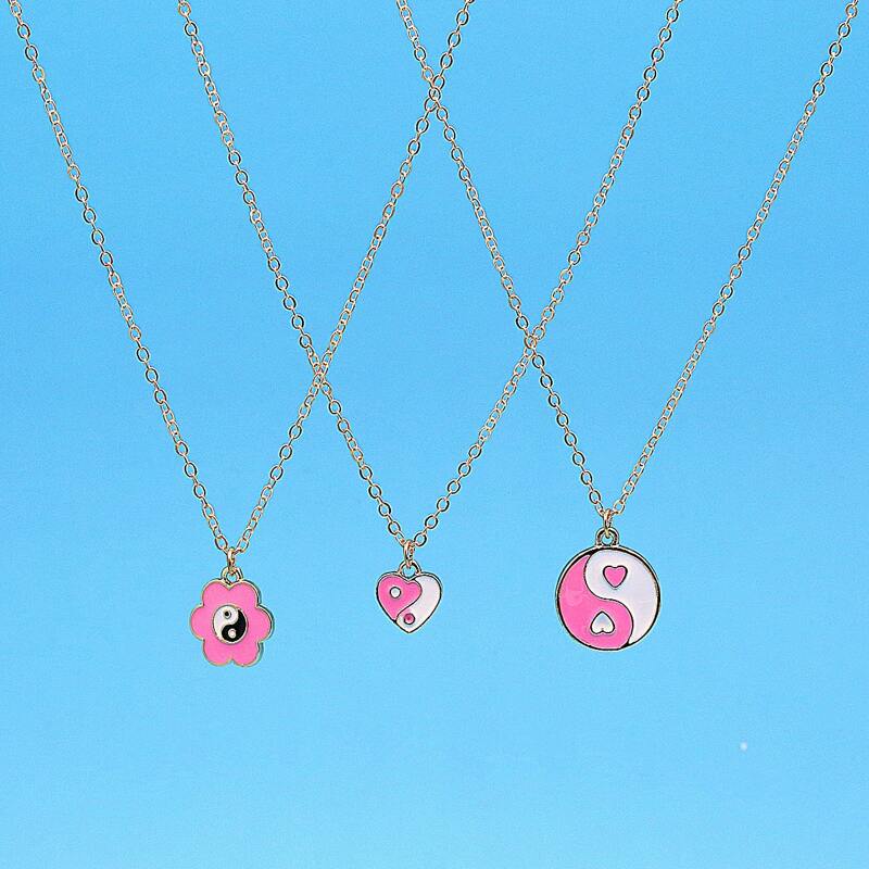 

3pcs Yin & Yang Pendant Chain Necklace, Hot pink