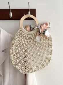 Scarf Decor Crochet Circle Bag - Beige - View 1