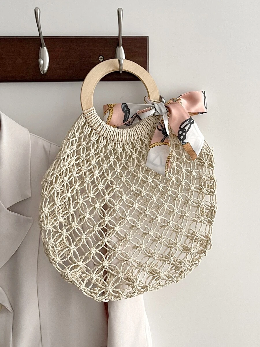 Scarf Decor Crochet Circle Bag - Beige - View 1