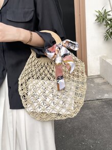 Scarf Decor Crochet Circle Bag - Beige - View 2