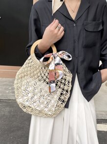 Scarf Decor Crochet Circle Bag - Beige - View 4