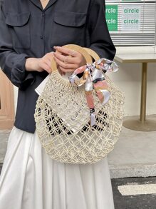 Scarf Decor Crochet Circle Bag - Beige - View 6