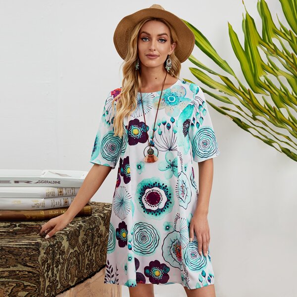 

Floral Print Tunic Dress, Multicolor