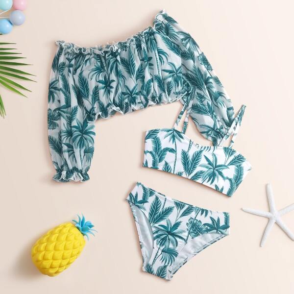 

3pack Girls Plant Print Bikini Swimsuit & Cover Up, Blue and white