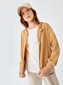 SHEIN Girls Zipper Front Sweatshirt - Camel - View 1