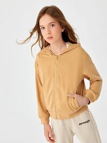 SHEIN Girls Zipper Front Sweatshirt - Camel - View 3