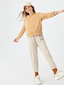 SHEIN Girls Zipper Front Sweatshirt - Camel - View 4