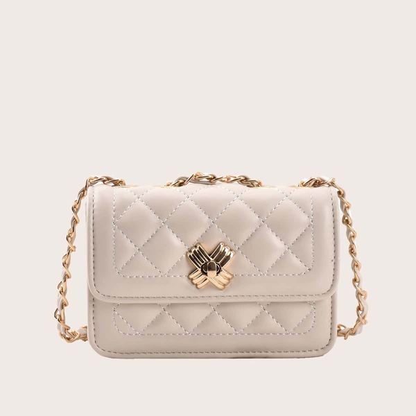 

Quilted Pattern Metal Decor Shoulder Bag, Beige