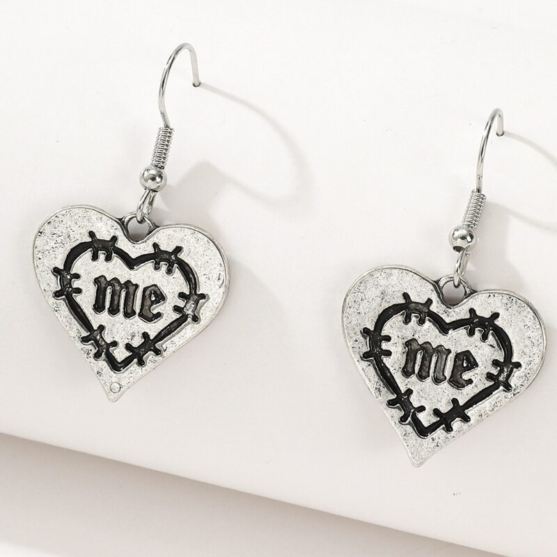 

Heart Drop Earrings, Antique silver
