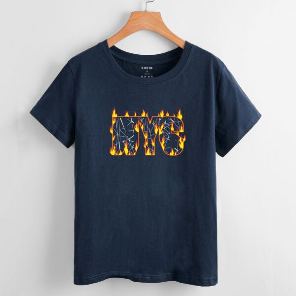 

Letter & Fire Print Tee, Navy blue