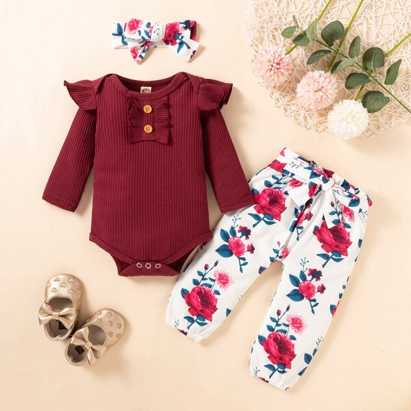 

Baby Ribbed Knit Ruffle Trim Bodysuit & Floral Print Belted Pants With Headband, Red and white