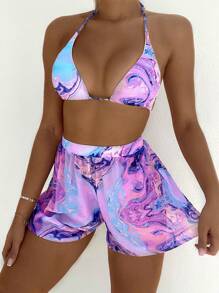 3packs Marble Print Triangle Bikini Set & Beach Shorts, For Summer Vacation - Multicolor - View 1