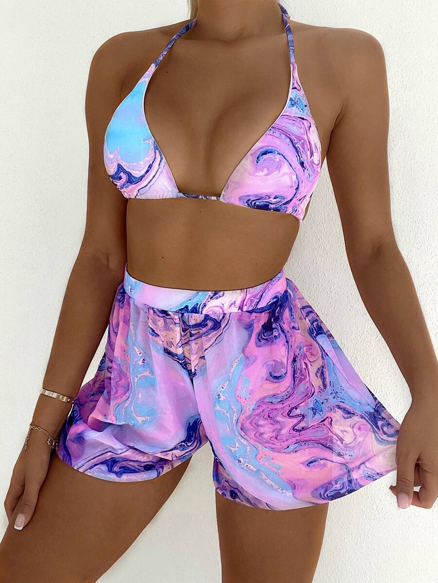 3packs Marble Print Triangle Bikini Set & Beach Shorts, For Summer Vacation - Multicolor - View 1