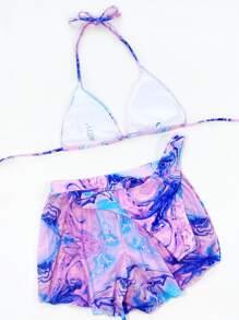 3packs Marble Print Triangle Bikini Set & Beach Shorts, For Summer Vacation - Multicolor - View 2