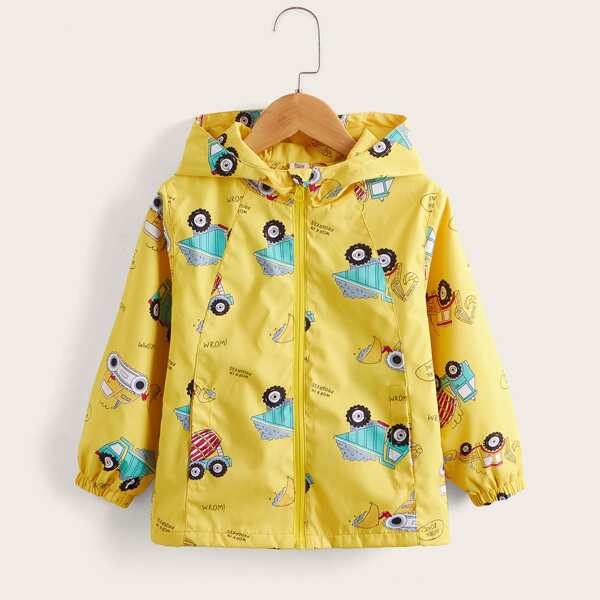 

Toddler Boys Letter & Car Print Hooded Jacket, Yellow