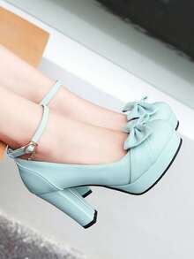 Tacones gruesos con diseño de lazo plataforma - Azul - Ver 3