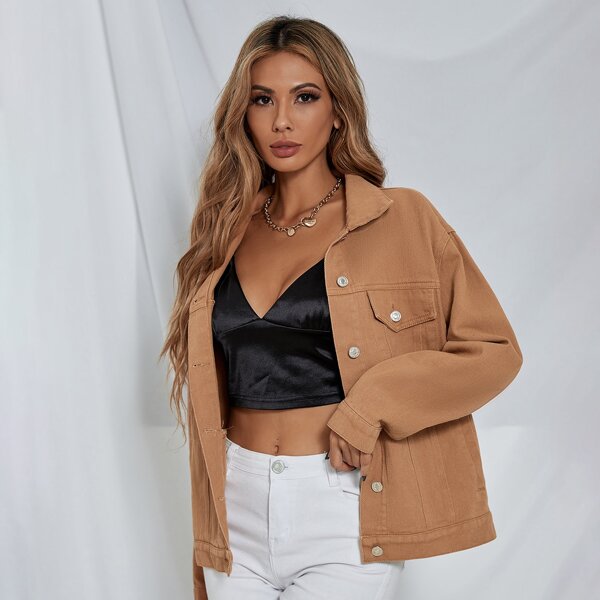 

Solid Collared Button Up Denim Jacket, Brown
