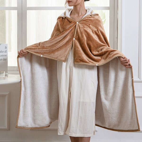 

Embroidery Bee Hooded Plush Blanket, Coffee brown