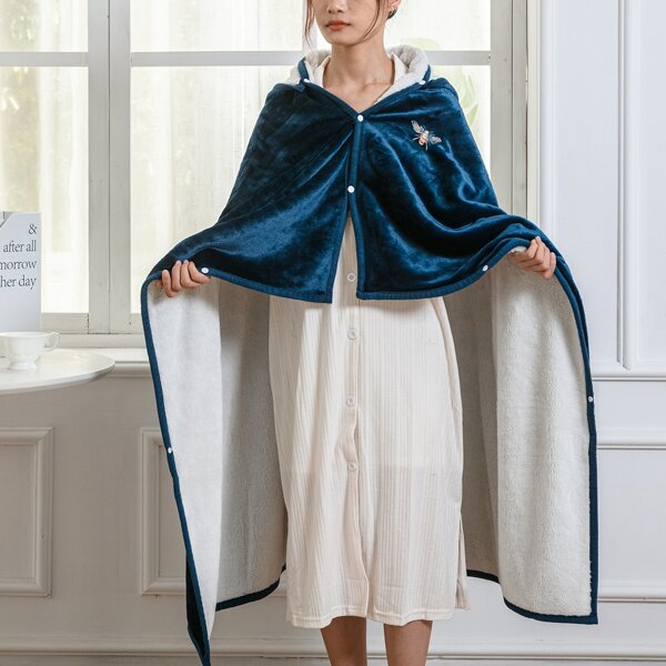 

Embroidery Bee Hooded Plush Blanket, Blue