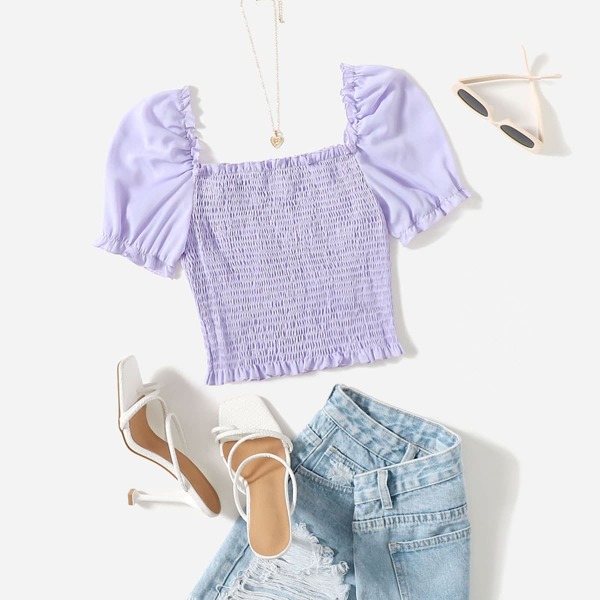 

Shirred Puff Sleeve Top, Lilac purple