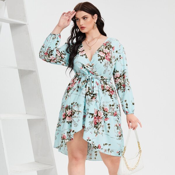 

Plus Floral Print Bishop Sleeve Ruffle Hem Belted Dress, Blue