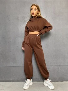 SHEIN Unity 落肩袖短款連帽衫和衛褲 - 巧克力棕 - 查看 3