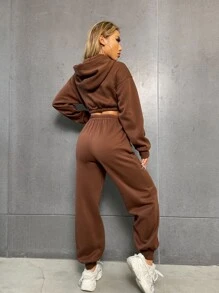 SHEIN Unity 落肩袖短款連帽衫和衛褲 - 巧克力棕 - 查看 2