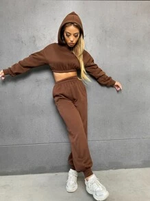 SHEIN Unity 落肩袖短款連帽衫和衛褲 - 巧克力棕 - 查看 5