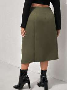 大碼翻蓋細節開衩短裙 - 軍綠色 - 查看 2