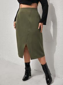 大碼翻蓋細節開衩短裙 - 軍綠色 - 查看 4