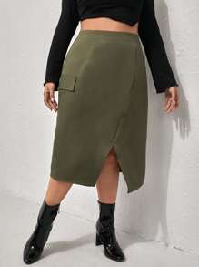 大碼翻蓋細節開衩短裙 - 軍綠色 - 查看 5