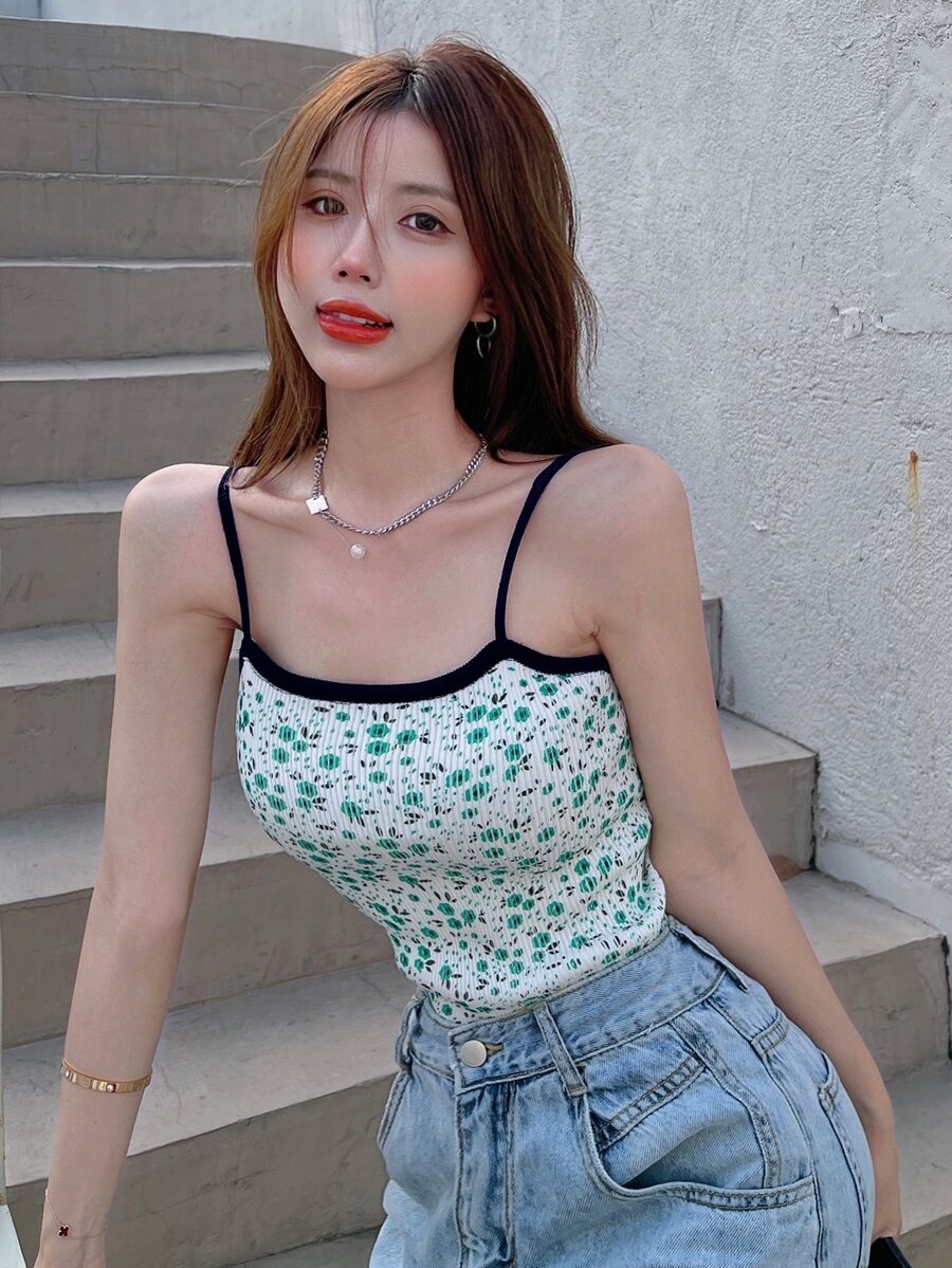 Contrast Trim Ditsy Floral Cami Top - White - View 1