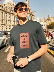 Hombres Camiseta con estampado de slogan - Gris Oscuro - Ver 3