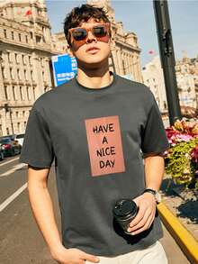 Hombres Camiseta con estampado de slogan - Gris Oscuro - Ver 4