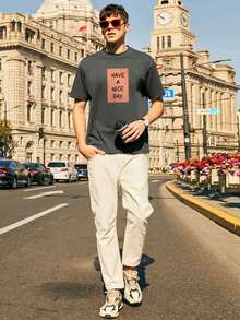 Hombres Camiseta con estampado de slogan - Gris Oscuro - Ver 5