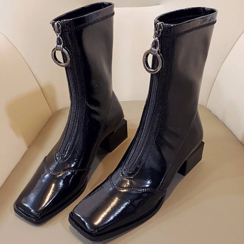 

Zip Front Chunky Heeled Boots, Black