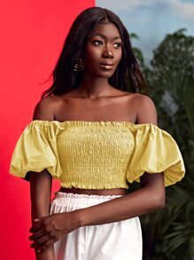 SHEIN Unity Off Shoulder Puff Sleeve Shirred Top - Yellow - View 2