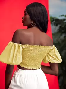 SHEIN Unity Off Shoulder Puff Sleeve Shirred Top - Yellow - View 3
